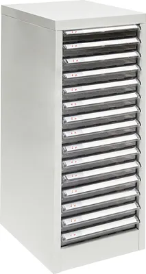 A white cabinet with 15 drawers.