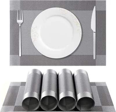 Produktbild von Tischset, Platzset 4er Set rutschfest Abwaschbar PVC Abgrifffeste Hitzebeständig Platzdeckchen für Zuhause Restaurant Speisetisch Silber