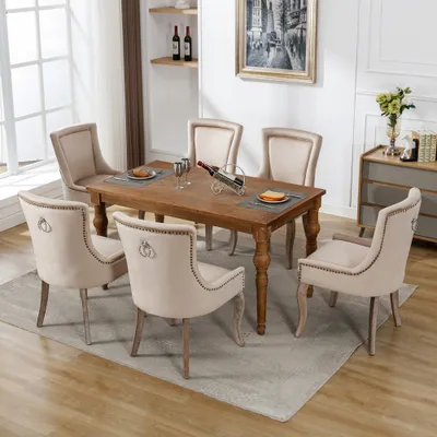 Productafbeelding van AIORBER Eetkamerstoelen, (set van 6), gestoffeerde stoel met nageldecoratie, massief houten poten, fluwele bekleding, geschikt voor woonkamer en eetkamer, 55x61x91cm, beige