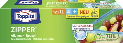Produktbild von Toppits Zipper Allzweck-Beutel 1L reißfest wiederverwendbar 12 Stück