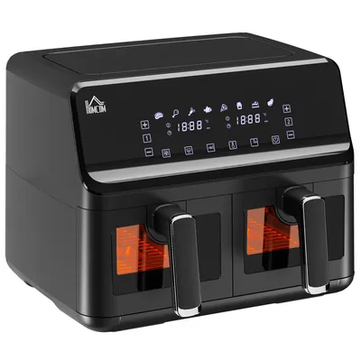 HOMCOM Dual Zone Heißluftfritteuse 8-in-1 8 L Airfryer 2 Kammern mit Sichtfenster, 2500W Heissluftfritteuse mit Innenbeleuchtung, Timer, 80-200℃， Antihaftbeschichtet & 90% Weniger Fett, Schwarz