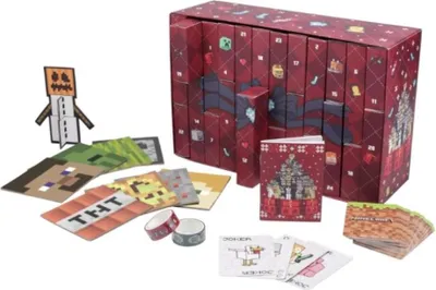 A Minecraft-themed advent calendar and associated merchandise are displayed on a white background.