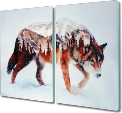 Produktbild von Coloray Hackbrett Herdabdeckplatte 2x30x52 cm Küchenbrett Kochplattenabdeckung Schneidebrett - Wolf Winterwald