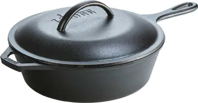 A black cast iron skillet with a lid is shown from a side angle against a white background.