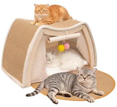 3-in-1 Katzenhaus aus Holz mit Sisal-Kratzfläche, 50x40x35 cm