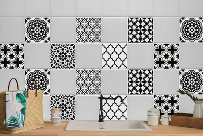 Produktbild von 24 Stück Magic Stick Fliesenfolie Fliesenaufkleber für Küche Bad Weißes Schwarzes Dekor 10 x 10 cm
