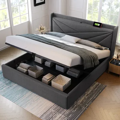 Image de Sweiko Lit rembourré (Lit fonctionnel Lit hydraulique avec sommier à lattes), Lit de rangement 180x200cm avec fonction de chargement USB Type C Tête de lit, lin