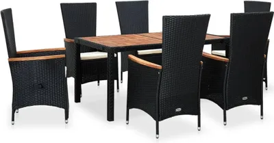Produktbild von vidaXL 7-tlg. Garten-Essgruppe Poly Rattan Akazienholz Schwarz