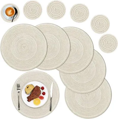 Produktbild von Famanu Set aus 6 runden Platzdeckchen und Untersetzern - Creme