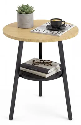 Productafbeelding van Rond bijzettafeltje met 2 etages, eikenlook, stalen frame, 39,4 x 39,4 x 55 cm