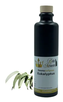 Produktbild von Dufte Momente | Saunaduft Konzentrat Eukalyptus 200ml in schwarzer Steingutflasche | naturreine ätherische Öle | vegan, ohne Tierversuche