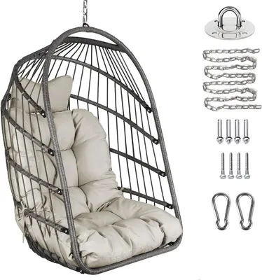 Productafbeelding van Hangstoel Rotan - Wicker Schommelstoel - Buiten Ontspannen - Inklapbaar Ontwerp - 150 kg capaciteit - Grijs