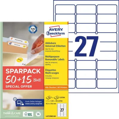 Produktbild von Avery Zweckform L4737REV-65 Universal-Etiketten, A4, 63,5 x 29,6 mm, 1.755 Etiketten/65 Bogen, weiß