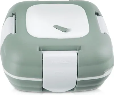 A top-down view of a green and white lunch thermos.