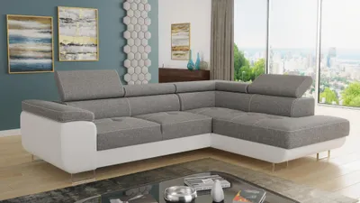 Produktbild von Ecksofa Caris mit Schlaffunktion und einstellbare Kopfstützen, Wohnlandschaft, Couchgarnitur, Bettkasten, Sofagarnitur, Couch, Sofa (Weiß + Grau (Soft 017 + Sawana 21), Ecksofa Rechts)