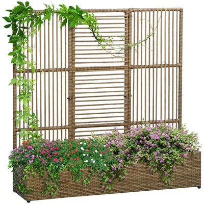 Zdjęcie produktu dla Outsunny rabatka z polirattanu z kratką, skrzynka na kwiaty, skrzynka na rośliny, kwietnik, do ogrodu, na balkon, piasek, 103 x 103 x 29 cm