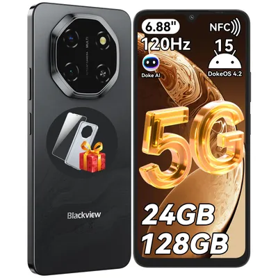 A product image showing a smartphone with marketing text and graphics on the screen and back.