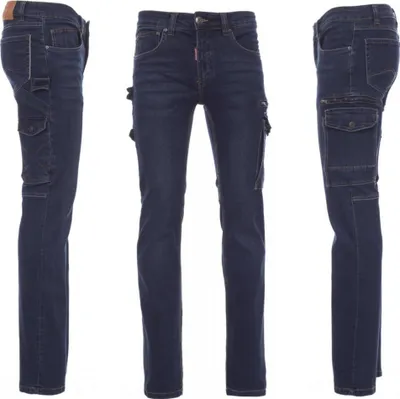 Three views of a pair of dark blue denim jeans, displayed against a white background.