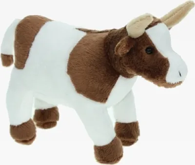 A plush toy cow with brown and white patches is shown against a white background.