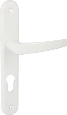 A white door handle with a keyhole escutcheon plate, isolated on a white background.