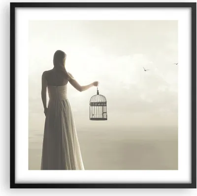 Produktbild von Gerahmtes Poster - Schwarzer Rahmen - Frau Käfig Vogel - 50x50 cm - Wand Bild - Wanddeko - Wandbilder - Kunstposter - Wandposter - Bilderrahmen - Bilder - Kunstdruck - Wanddekoration - P2BAC50x50-4787