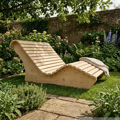 Produktbild von Holzliege Waldsofa Wellenliege Relaxliege "Sigi" Gartenliege Massivholz Fichte abgeschrägt 140cm Himmelsliege