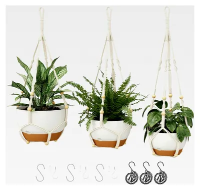 Produktbild von 3er-Set Makramee Blumenampeln mit Selbstbewässerung, Hängende Blumentöpfe mit Kette, Ablauflöchern und Untersetzer für Zimmerpflanzen, Weiß (28/23/20 cm)