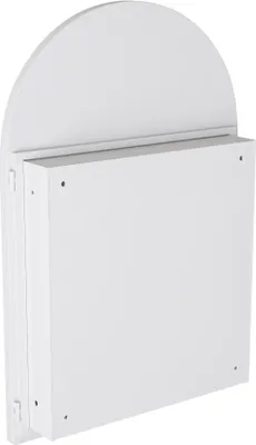 A white, arched-top cabinet with a rectangular lower section, shown from a three-quarter angle.