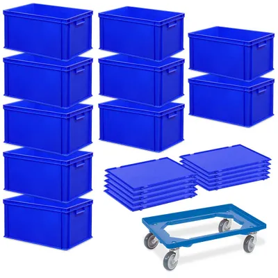 Produktbild von 10 Euroboxen, LxBxH 600x400x320 mm + 10 Scharnierdeckel + 1 Transportroller, blau