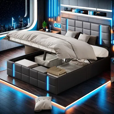Obrázek produktu pro Čalouněná postel ProximaX s úložným prostorem, hydraulický rám manželské postele 160x200 cm, postel s LED osvětlením, čalouněné čelo s funkcí nabíjení přes USB Type-C, (černá, 160x200 cm)
