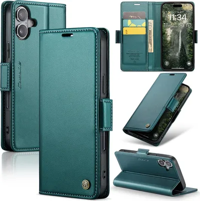Obrázek produktu pro Pouzdro pro iPhone 17, RFID Blokování Karet, Pokročilé Flip Kožené Pouzdro s Funkcí Stojánku zelené
