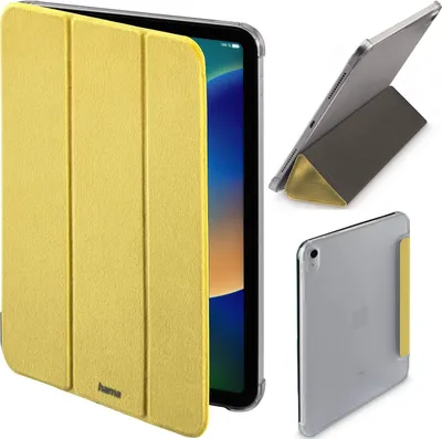 A collage of images showing a yellow tablet case for an Apple iPad.