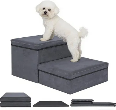 Productafbeelding van Hondentrap met opbergruimte, 2 treden, 32 x 64 x 42 cm, donkergrijs, voor honden