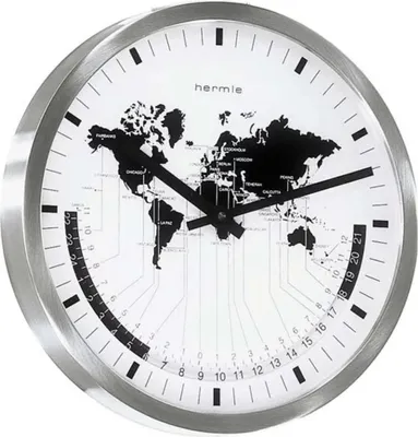 Immagine prodotto di Orologio da parete Hermle al quarzo in acciaio inossidabile con vetro frontale bombato Indicazione dell'ora mondiale