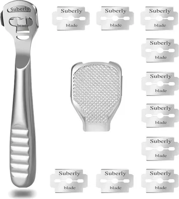 Produktbild von Edelstahl Hornhautentferner Set mit 10 Ersatzklingen und Raspelkopf