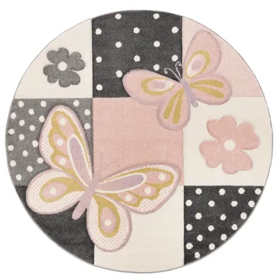 Produktbild von Paco Home Kinder Teppich Kinderzimmer Schmetterlinge Karo Muster Punkte Blumen 200 cm rund