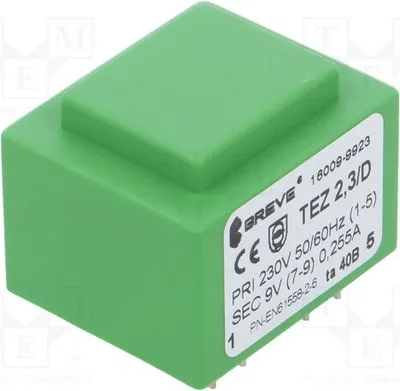 Image de 1 transformateur : revêtement 9V, 2,3 VA, 256 mA, 230 VAC. Montage : TEZ2.3/D230/9V, modèle TA40