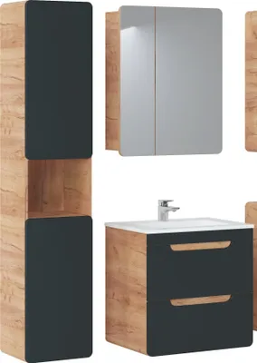 Produktbild von Badmöbel Set ARUBA COSMOS – EICHE 60 cm mit Waschbecken Matt Soft-Close Waschtisch Spiegelschrank Hochschrank