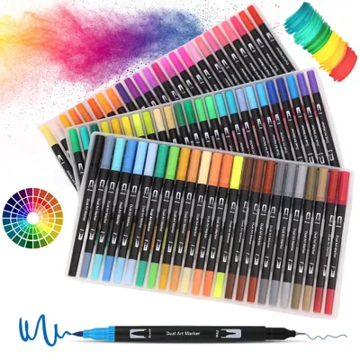 Image de Stylos pinceaux double face - Coffret de 100 couleurs - Feutres - Pour le dessin - Loisirs créatifs - Bullet journaling - Scrapbooking