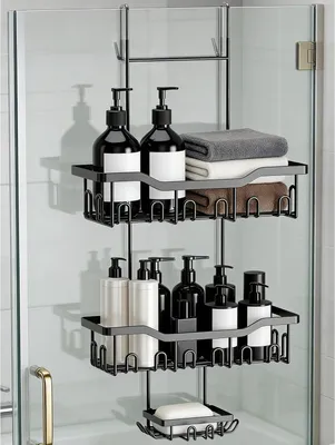 Image de Étagère de douche sans perçage, à suspendre, noire, organisateur de salle de bain pour douche