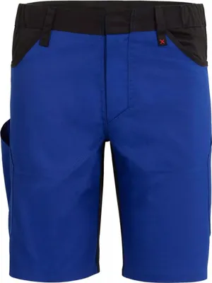 A close-up, front view of blue work shorts with black accents at the waist and pockets.