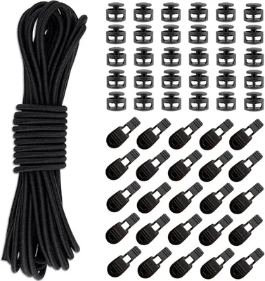 Produktbild von Elastisches Gummiseil schwarz, 3 mm Durchmesser, 20 m Länge, mit 30 Kordclips und 30 Kordstoppern, für