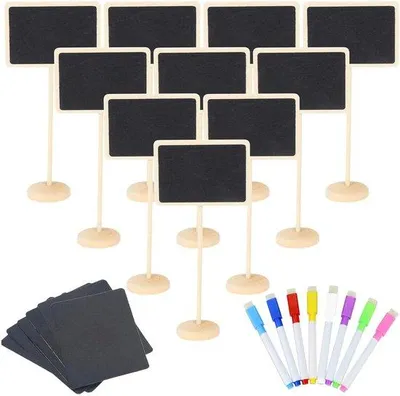 Produktbild von Ibenzoa® Holz-Mini-Schultafeln 20-teilig – 2.2 x 3.3 inch, mit abnehmbaren Ständern, Ersatzaufklebern & 8 Kreidemarkern, wiederverwendbar für Tischkarten & Buffet