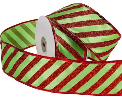 Image de Ruban de Noël avec des paillettes, vert et rouge, de 63 mm de largeur et 22 mètres de longueur, avec bordure en fil métallique