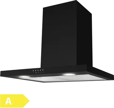 A black kitchen hood is shown against a white background. An energy efficiency label is visible in the bottom left corner.