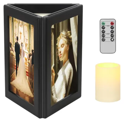 3-seitiger Holz-Fotorahmen mit LED-Kerze, Fernbedienung, Timer