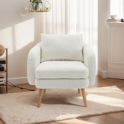 Image de （Beige）Fauteuil de salon avec coussin Fauteuil de télévision Teddy peluche Fauteuil de relaxation rembourré Fauteuil de canapé très épais avec coussin décoratif et pieds en bois massif pour café chambre à coucher