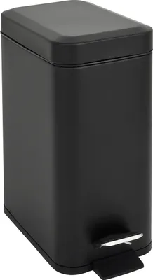 A black pedal trash can is shown from a slightly elevated side angle against a white background.