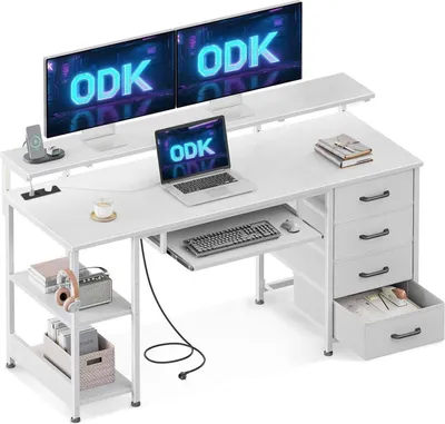 Produktbild von ODK Gaming Schreibtisch mit 4 Schubladen USB Steckdosen Weiß 140x52x92cm