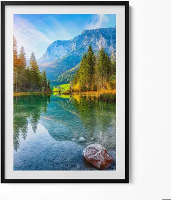 Produktbild von Fluss von Bergen Landschaft– Wandbild mit Rahmen – Gerahmtes Bild  – Wanddekoration – 70x100 cm –  Schwarz Rahmen